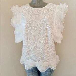 Eva Franco Anthropologie White Ruffled Lace Blouse Top M NWT